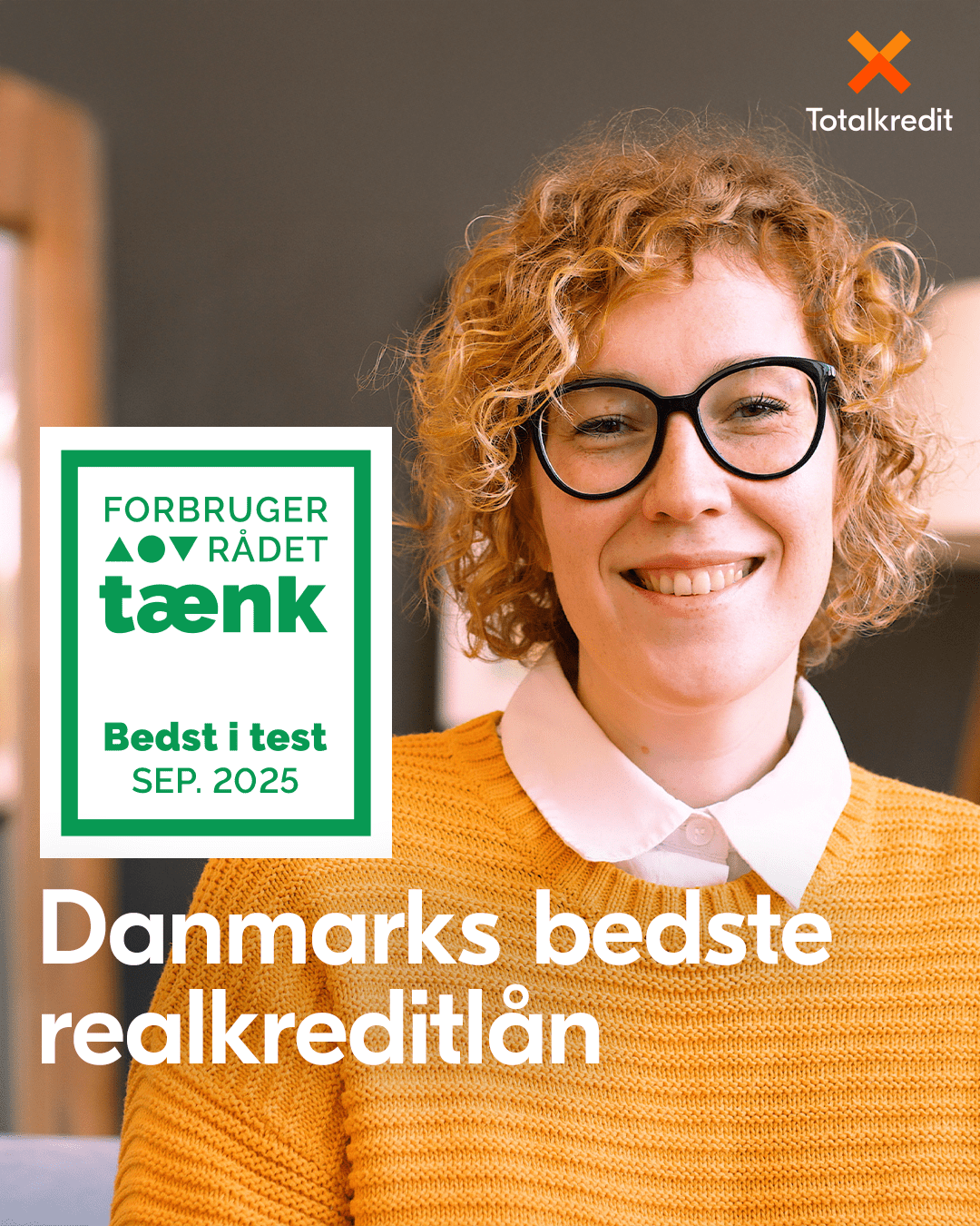 Tekst med Totalkredit er bedst i test samt smilende kvinde