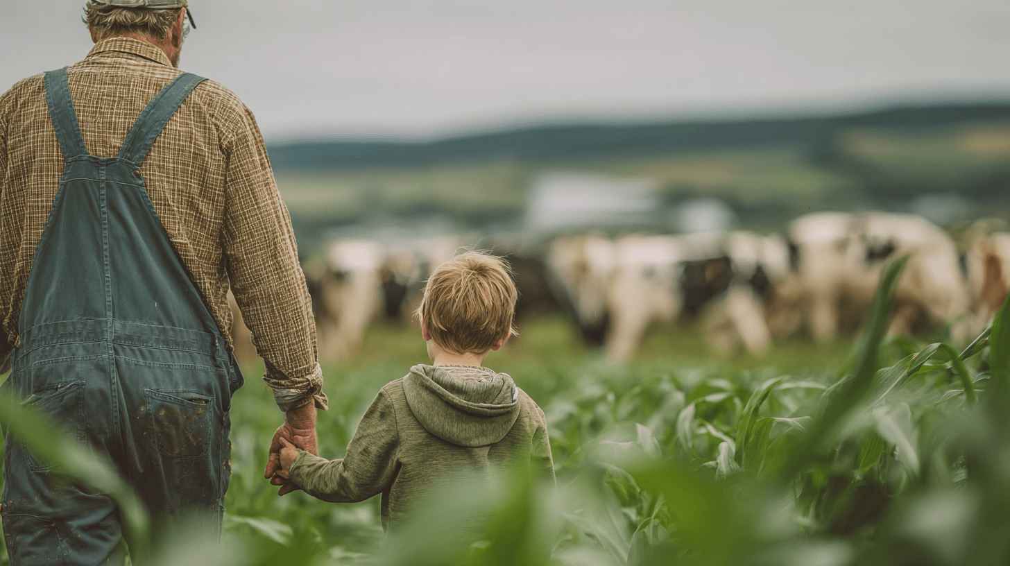 Landmand med barnebarn kigger på køer