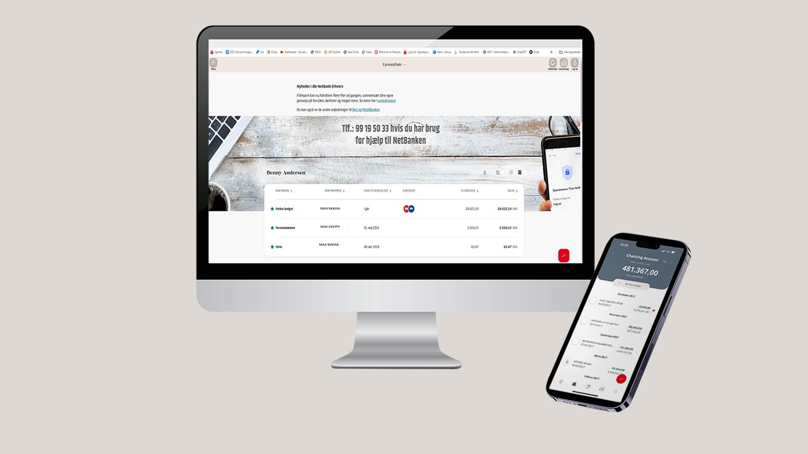 Computer og mobil med med net og MobilBank