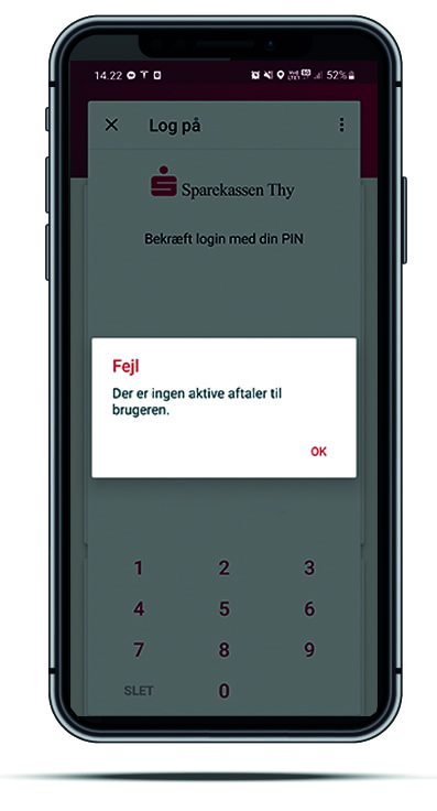 iPhone med fejlbesked i MobilBanken 