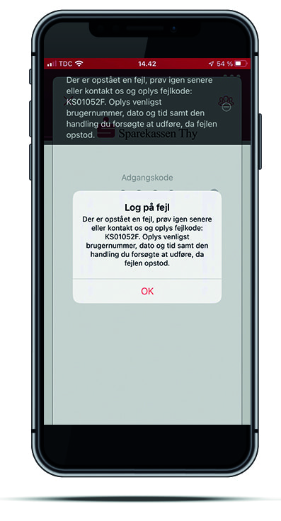 iPhone med fejlbesked i MobilBanken