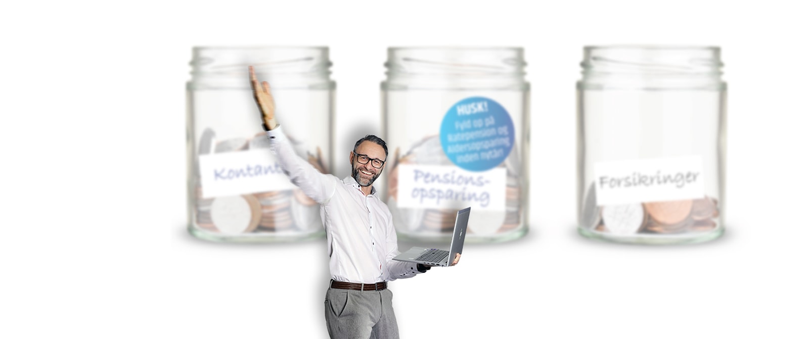 3 glaskrukker med pensionsmuligheder for opsparing